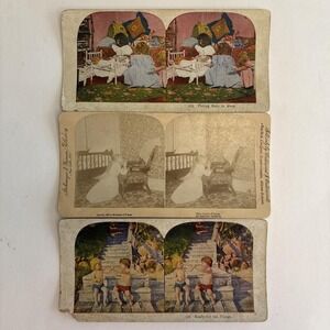 Lot of 3 Antique Stereoview Cards – Children, Bedtime, Prayer,‎ Hand-Colored